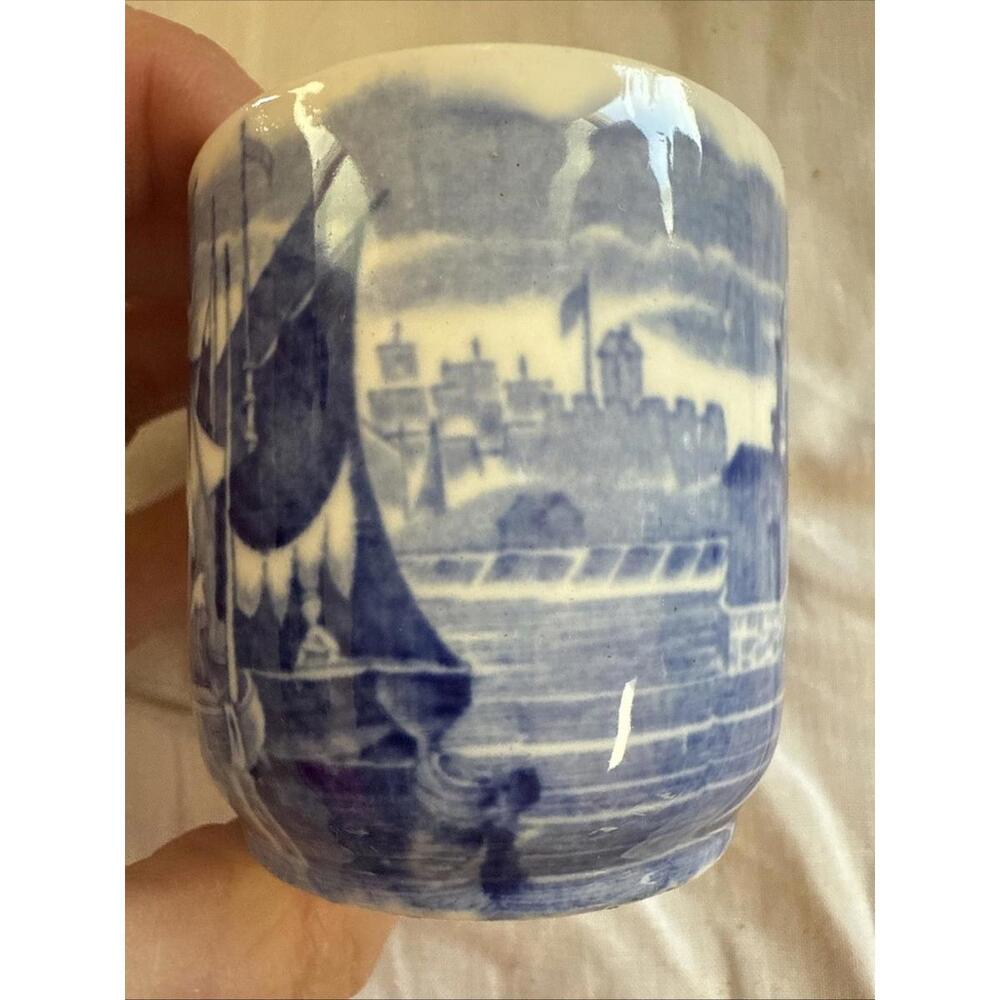 Antique Wedgwood Ferrara Demitasse Teacup &  Saucer Blue Ships Floral England - Picture 7 of 15